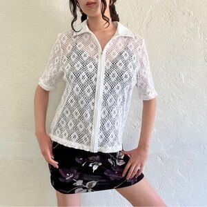 Draper's & Damon's Crochet Short Sleeve White Zip Up Cardigan Women's Medium